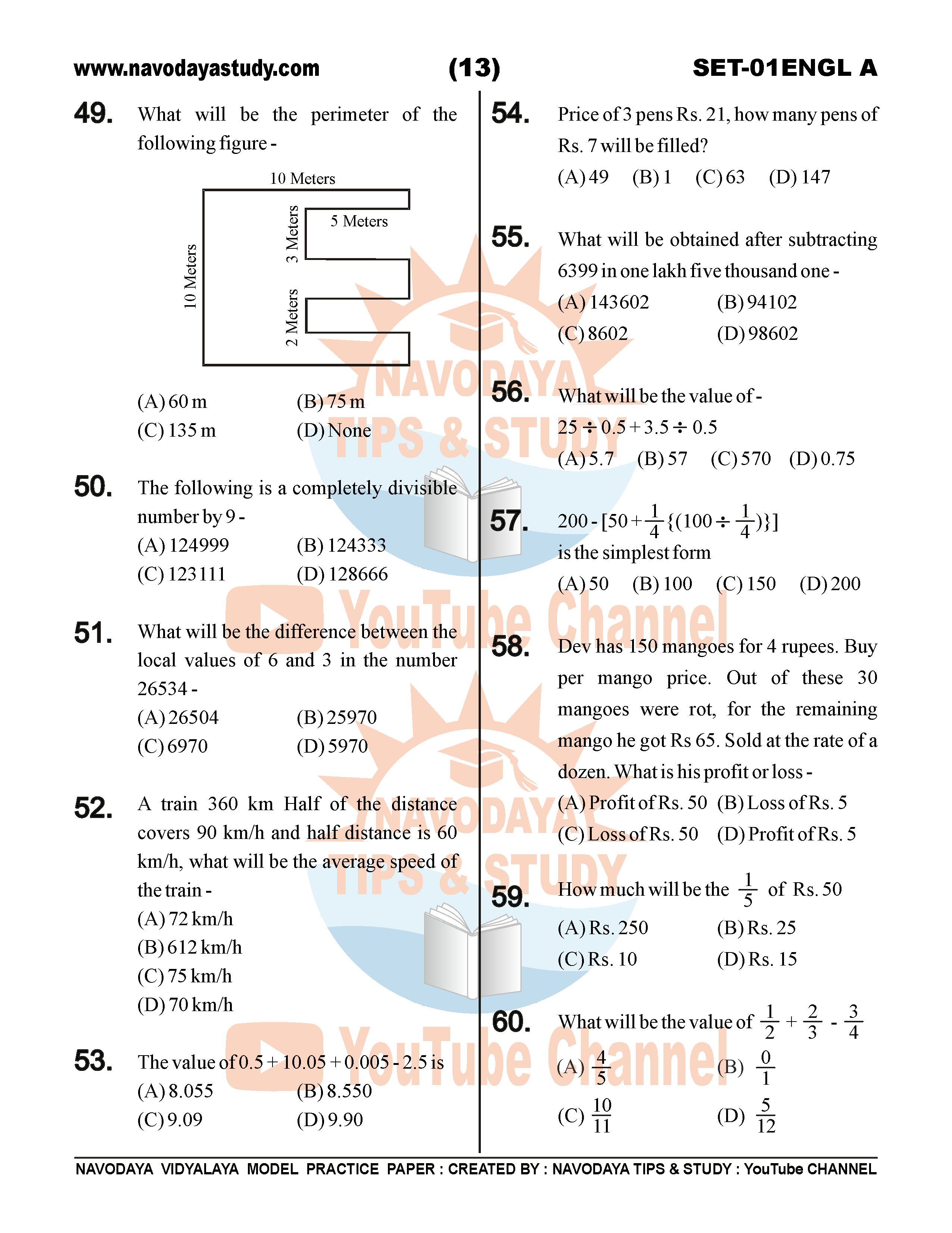 NAVODAYA MODEL PAPER SET A IN ENGLISH MEDIUM FOR CLASS 6 JNVST 