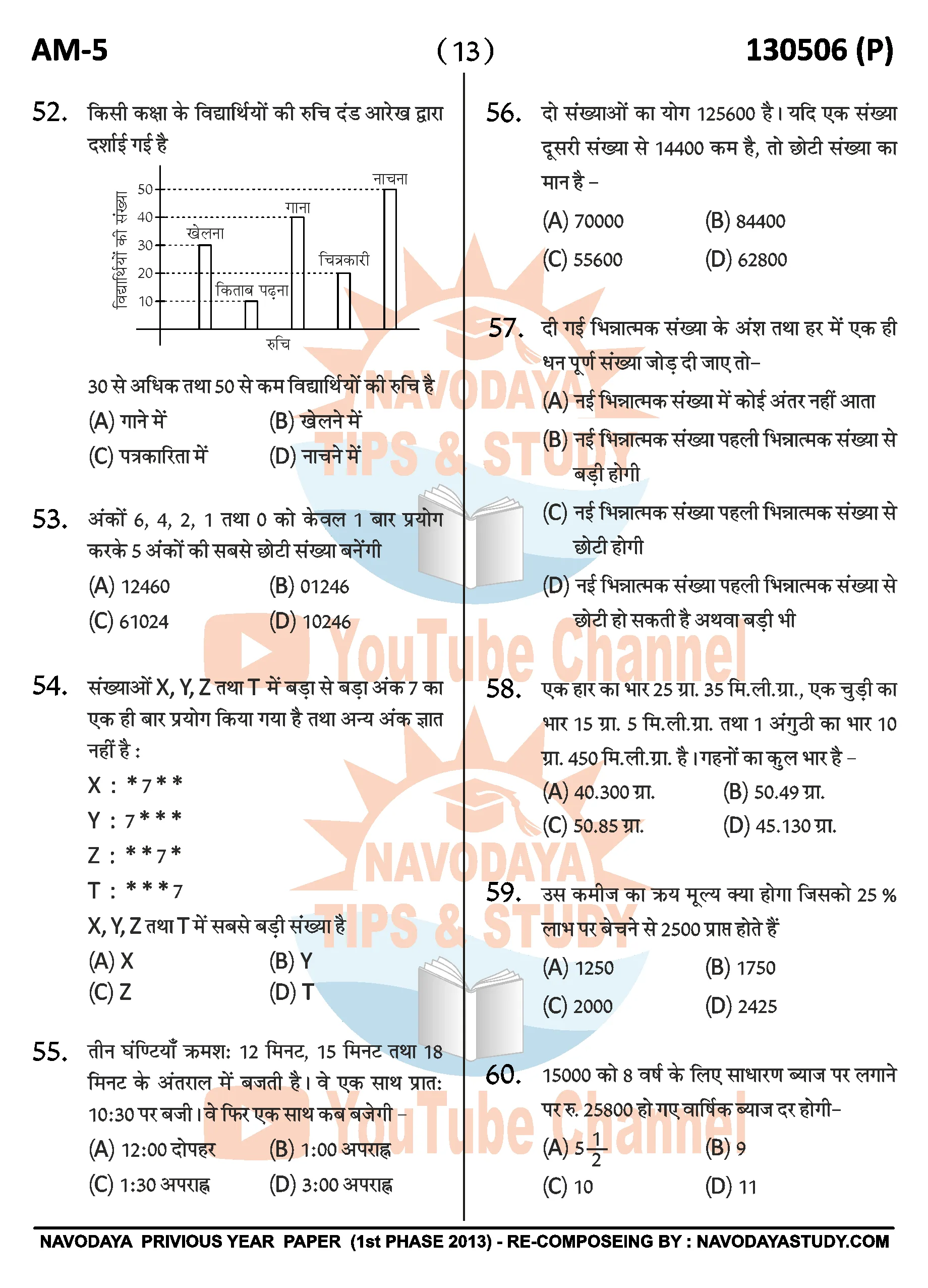 Navodaya Previous Year Question Paper AM-5 2013 1st Phase With Answer Key for Class 6 JNVST 14 Navodaya Previous Year Question Paper AM-5 2013 1st Phase With Answer Key for Class 6 JNVST
