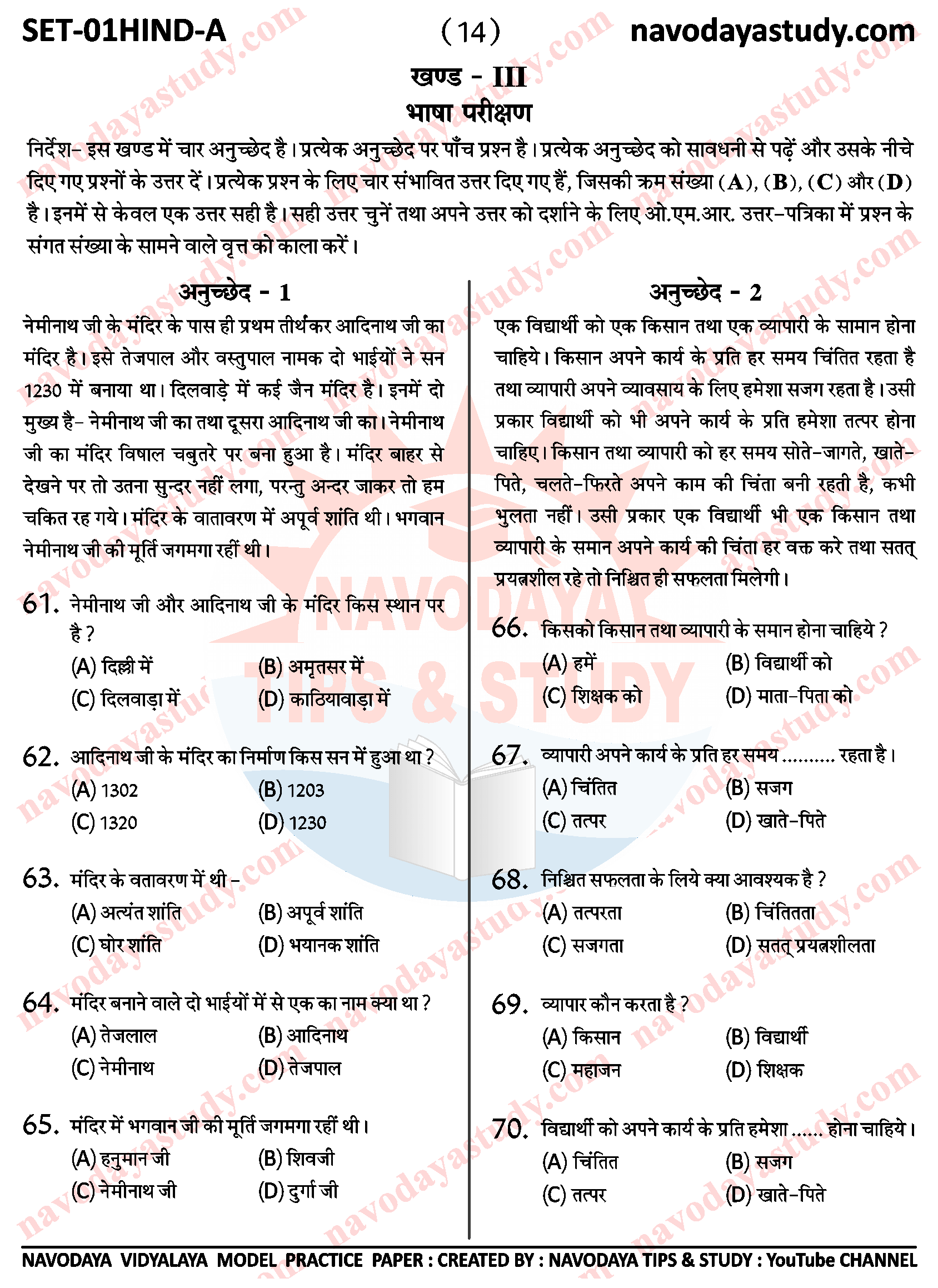 Navodaya Model Paper Class 6 (JNVST) Set - 1 Hind A Page - 14